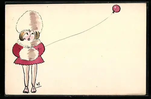 Künstler-AK Handgemalt: Mädchen im roten Mantel mit Ballon