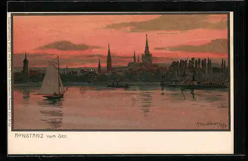 Künstler-AK Zeno Diemer: Konstanz, Ansicht vom See mit Segelboot
