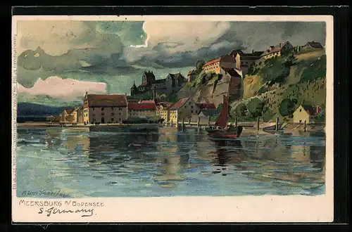 Künstler-AK Zeno Diemer: Meersburg a. Bodensee, Blick über den See nach der Burg