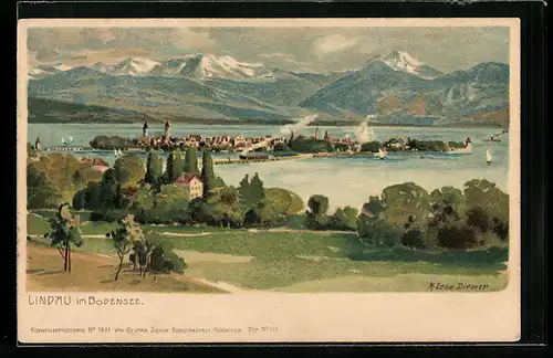 Künstler-AK Zeno Diemer: Lindau /Bodensee, Sicht auf die Insel vor herrlichem Panorama