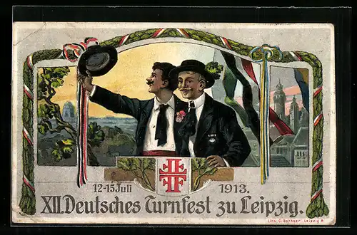 AK Leipzig, XII. Deutsches Turnfest 1913, Turnerzeichen, Turner mit Hüten, Völkerschlachtdenkmal