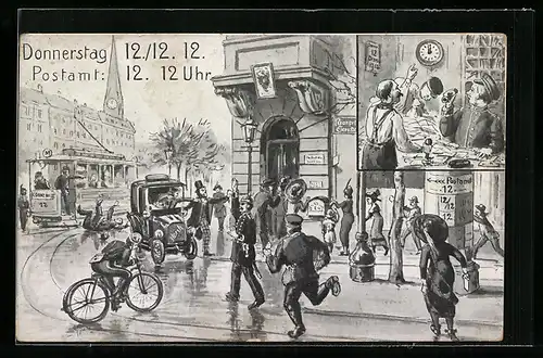 AK Strassenszene mit Schlange und eilenden Passanten vor einem Postamt, Datum: 12.12.12, Zeit: 12 Uhr 12