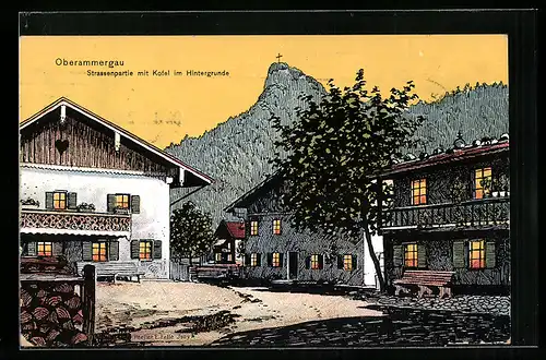 Künstler-AK Eugen Felle: Oberammergau, Ortspartie mit Kofel im Hintergrund