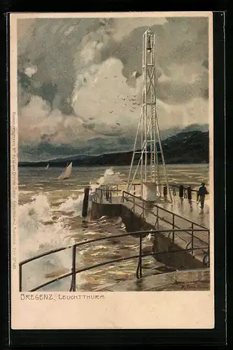 Künstler-AK Zeno Diemer: Bregenz, Leuchtthurm, Tosende Brandung