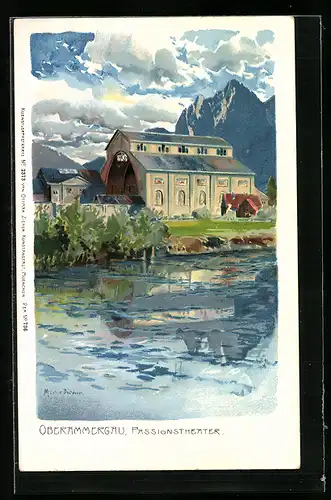 Künstler-AK Zeno Diemer: Oberammergau, Uferpartie mit Passionstheater