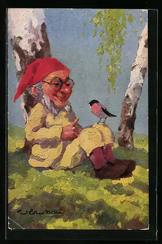 Künstler-AK Paul Lothar Müller: Der Lehrer, Zwerg freut sich über zutraulichen Singvogel
