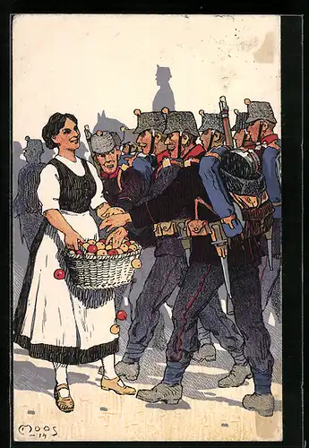 Künstler-AK Carl Moos: Frau schenkt Soldaten Äpfel, Grenzbesetzung 1914