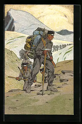 Künstler-AK Carl Moos: Gebirgstruppen auf dem Marsch, Schweizerische Grenzbesetzung 1914