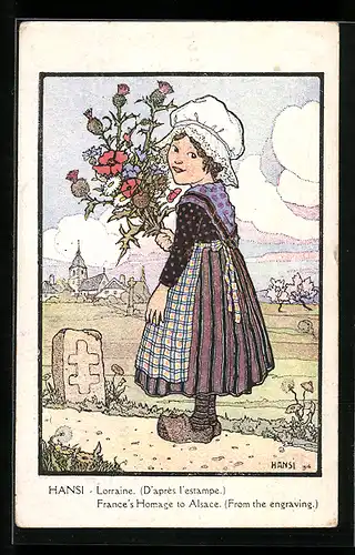 Künstler-AK Hansi: Lorraine (D`après l`estampe), Junges Mädchen in Tracht mit Blumenstrauss in der Hand