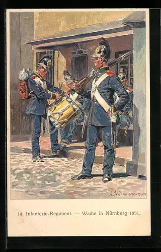 Künstler-AK Anton Hoffmann - München: Nürnberg, Wache 1851, 100-Jahrfeier des 14. Infanterie-Regiments Hartmann 1914