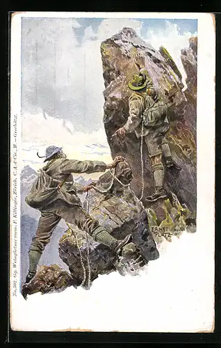 Künstler-AK Ernst Platz: No. 2802, Zwei Bergsteiger beim erklimmen des Gipfels