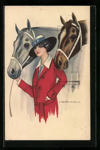 Künstler-AK Nanni: Dame mit Hut und in rotem Mantel mit ihren Pferden