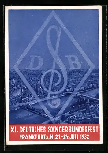 Künstler-AK Frankfurt a. M., XI. Deutsches Sängerbundesfest 1932, Ortsansicht mit Mainbrücken aus der Vogelschau