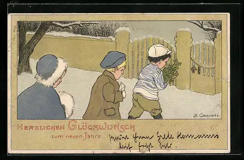 Künstler-AK Gertrud Caspari: Kinder gehen zum Gartentor, Weihnachten