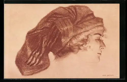 Künstler-AK Max Brüning: Portrait einer Wienerin mit Kopfbedeckung