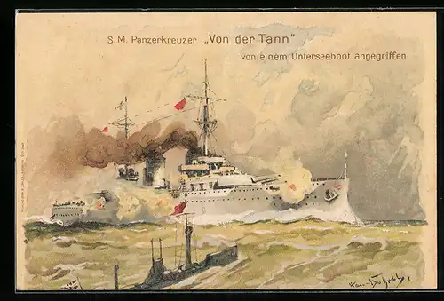 Künstler-AK Hans Bohrdt: Panzerkreuzer Von der Tann von einem U-Boot angegriffen