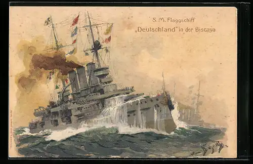 Künstler-AK Hans Bohrdt: SM Flaggschiff Deutschland in der Biscaya