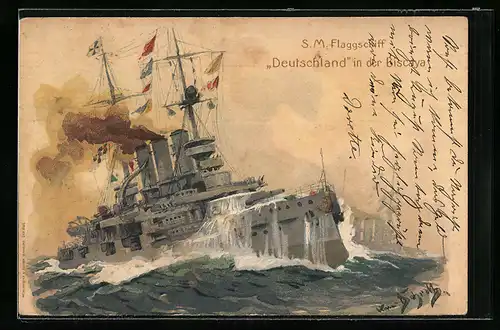 Künstler-AK Hans Bohrdt: Kriegsschiff S. M. Deutschland in der Biscaya