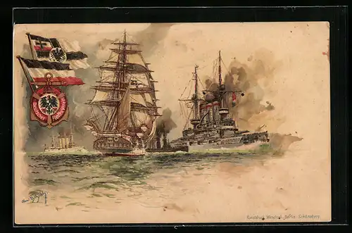 Künstler-AK Hans Bohrdt: Kriegsschiffe des Deutschen Flotten-Vereins auf hoher See, Flaggen