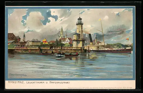 Künstler-AK Zeno Diemer: Konstanz, Leuchtturm und Hafenausfahrt mit Dampfer