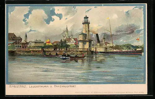 Künstler-AK Zeno Diemer: Konstanz, Leuchtturm und Hafenausfahrt mit Dampfer