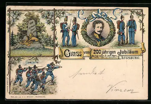 Lithographie Augsburg, 200jähriges Jubiläum d. kgl. byr. 3. Inft. Rgts., Soldaten 1848