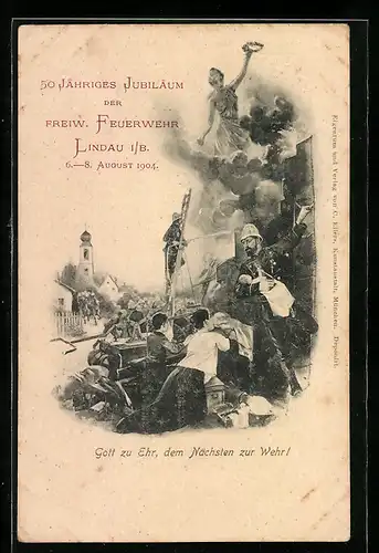 Lithographie Ganzsache Bayern PP15C68: Lindau i. B., 50 jähr. Jubiläum der Freiw. Feuerwehr 1904