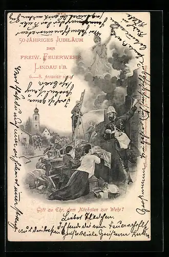 Lithographie Ganzsache Bayern PP15C68: Lindau i. B., 50 jähr. Jubiläum d. Freiw. Feuerwehr 1904