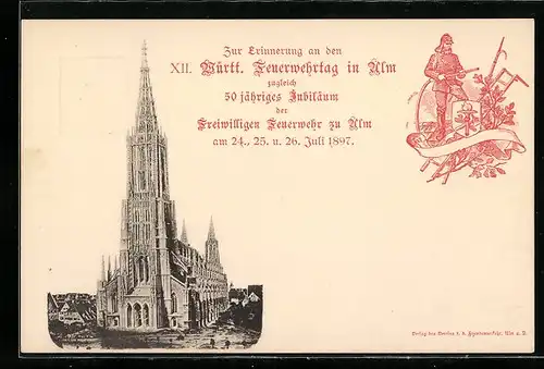 AK Ganzsache Württemberg PP11C30 /02: Ulm a. D., XII. Württ. Feuerwehrtag & 50 jähr. Jubiläum der Freiw. Feuerwehr 1897
