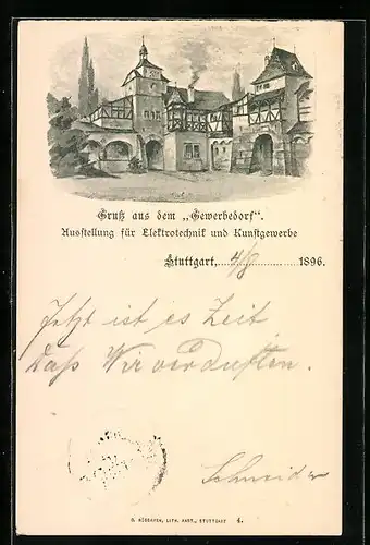 Lithographie Ganzsache Württemberg PP11C5 /03: Stuttgart, Ausstellung f. Elektrotechnik u. Kunstgewerbe 1896