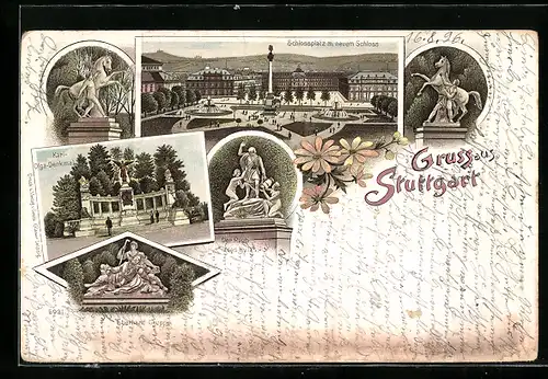 Lithographie Ganzsache Württemberg PP11F36 /03: Stuttgart, Schlossplatz mit Schloss, Der Raub des Hylas, Eberhardgruppe