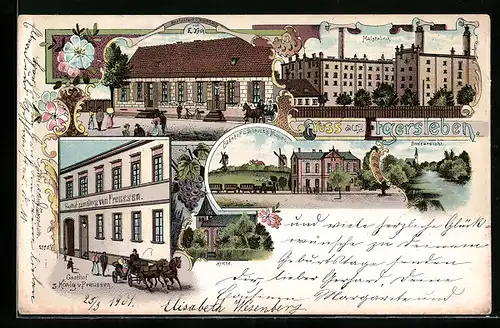 Lithographie Etgersleben, Gasthof z. König von Preussen, Restaurant von E. Koch, Bahnhof und Schnuck`s Mühlen