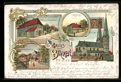 Lithographie Bücken, Gasthof zum Rathskeller, Schule, Kirche, Strassenpartie