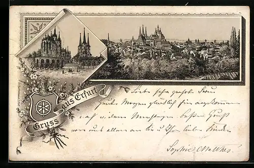 Vorläufer-Lithographie Erfurt, 1891, Gesamtansicht, Dom und Severikirche