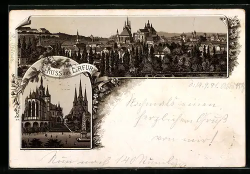 Vorläufer-Lithographie Erfurt, 1891, Gesamtansicht, Dom und Severikirche