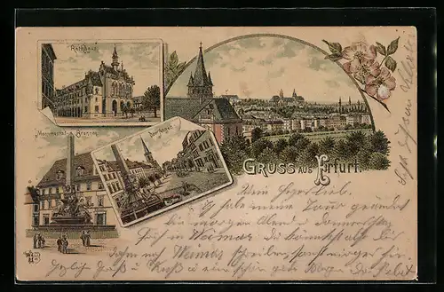Vorläufer-Lithographie Erfurt, 1895, Gesamtansicht, Rathhaus, Monumental-Brunnen, Der Anger