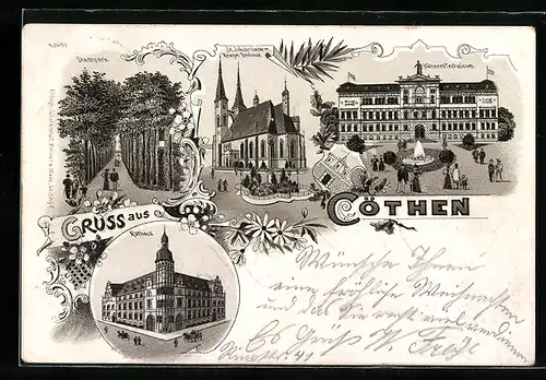 Lithographie Cöthen, Höheres Technikum, Stadtpark, Rathaus