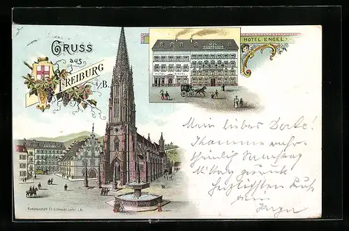 Lithographie Freiburg i. B., Hotel Engel, Ortspartie mit Kirche und Brunnen, Wappen