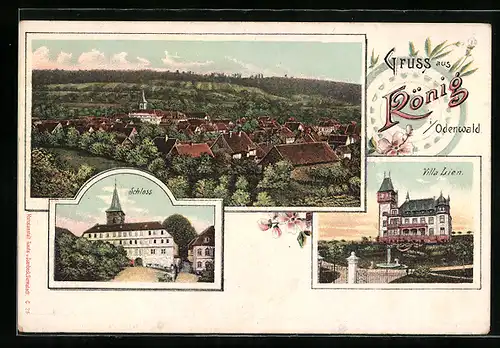 Lithographie König /Odenw., Villa Lien, Schloss, Ortsansicht aus der Vogelschau