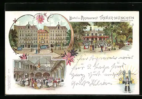 Lithographie München, Hotel Trefler, Sonnenstrasse 21, Pferdebahn