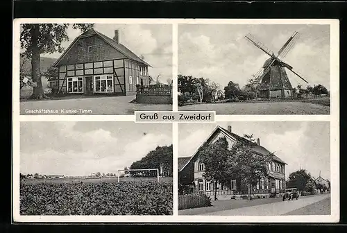 AK Zweidorf, Geschäftshaus Kiunke-Timm, Windmühle, Strassenpartie, Sportplatz