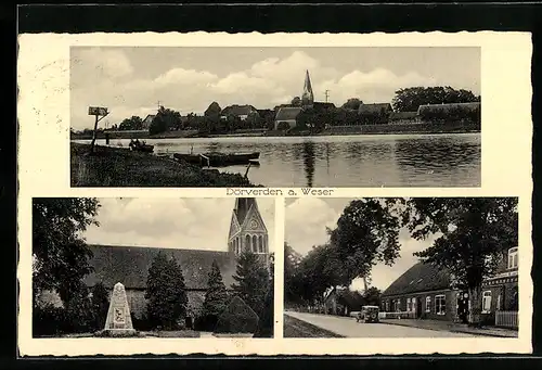 AK Dörverden /Weser, Strassenpartie, Kirche mit Denkmal, Strassenpartie