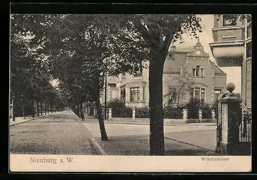 AK Nienburg a. W., Wilhelmstrasse mit Villa und Alleebäumen