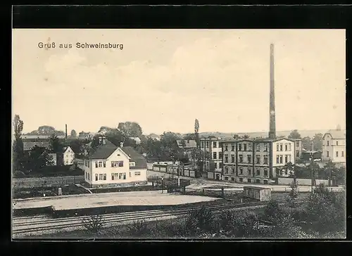 AK Schweinsburg, Teilansicht mit Fabrik aus der Vogelschau