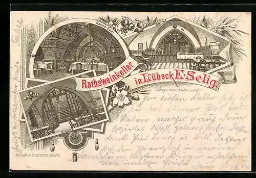 Vorläufer-Lithographie Lübeck, 1892, Gasthaus Rathsweinkeller E. Selig, Innenansichten mit Buffet