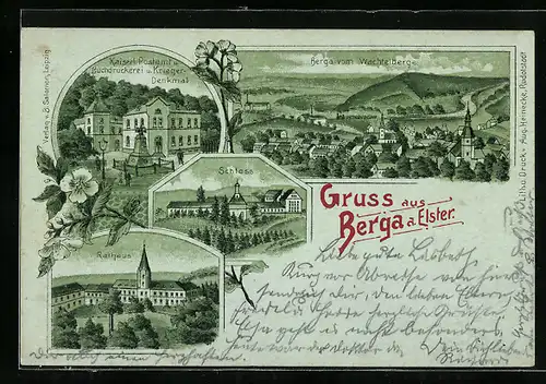 Lithographie Berga a. Elster, Kaiserl. Postamt, Buchdruckerei, Kriegerdenkmal, Schloss, Rathaus