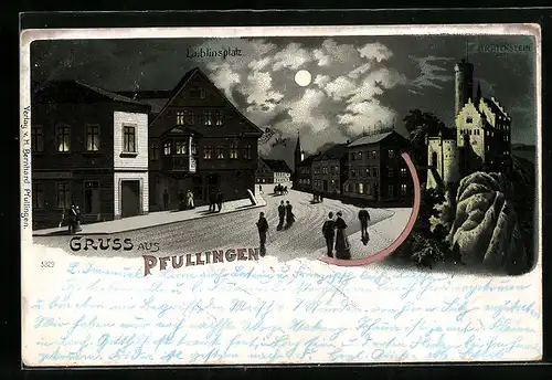 Lithographie Pfullingen, Laiblinsplatz, Burg Lichtenstein