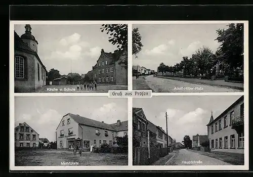 AK Prösen, Platz, Kirche und Schule, Marktplatz, Hauptstrasse
