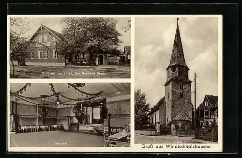 AK Windischholzhausen, Gasthaus zur Linde mit Tanzsaal, Kirche