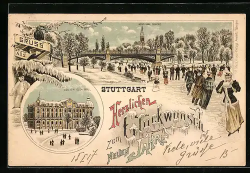 Winter-Lithographie Stuttgart, König Karl-Brücke, Königin Olga-Bau